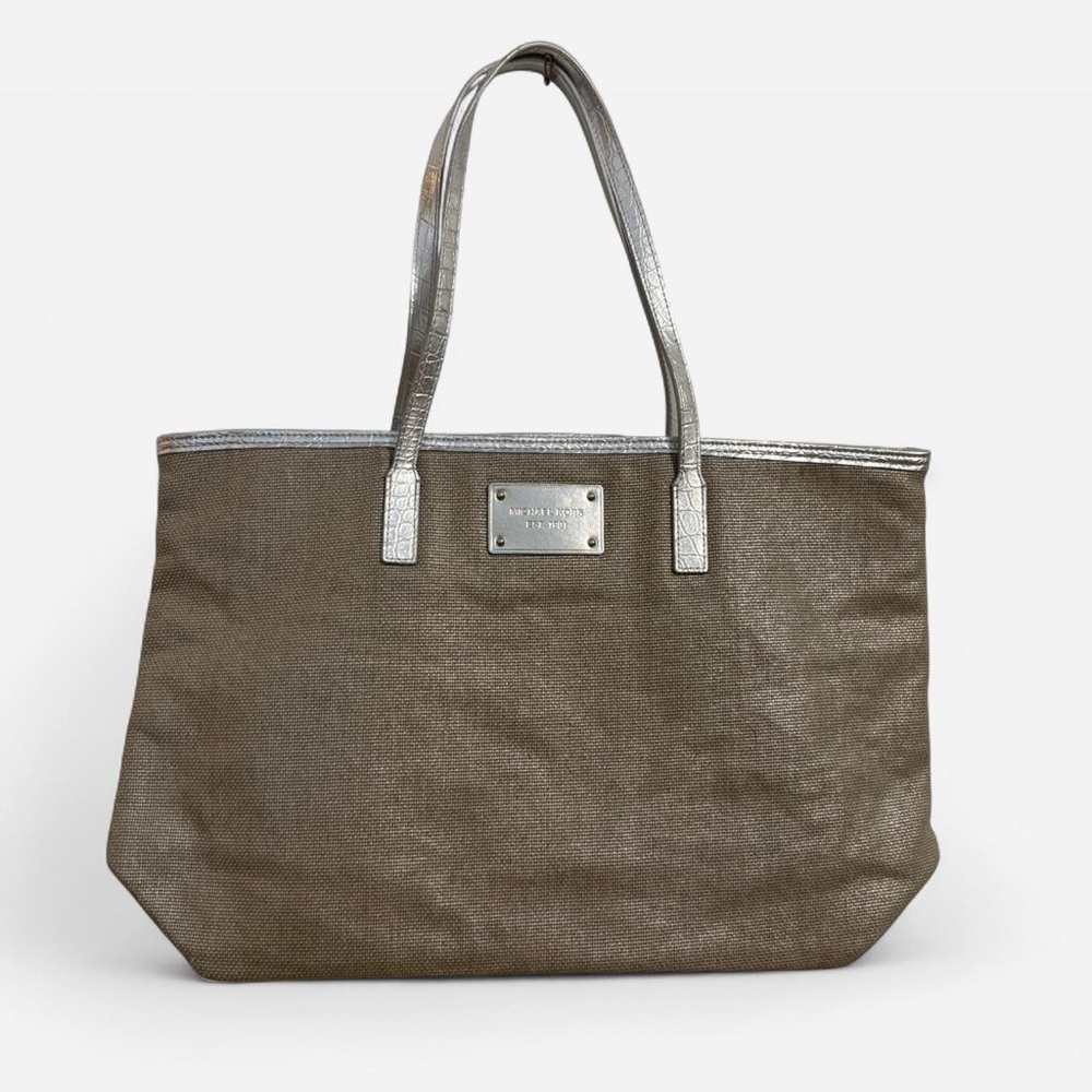 Michael Kors Cotton Tweed Tote Bag with Silver Croc Embossed Straps.